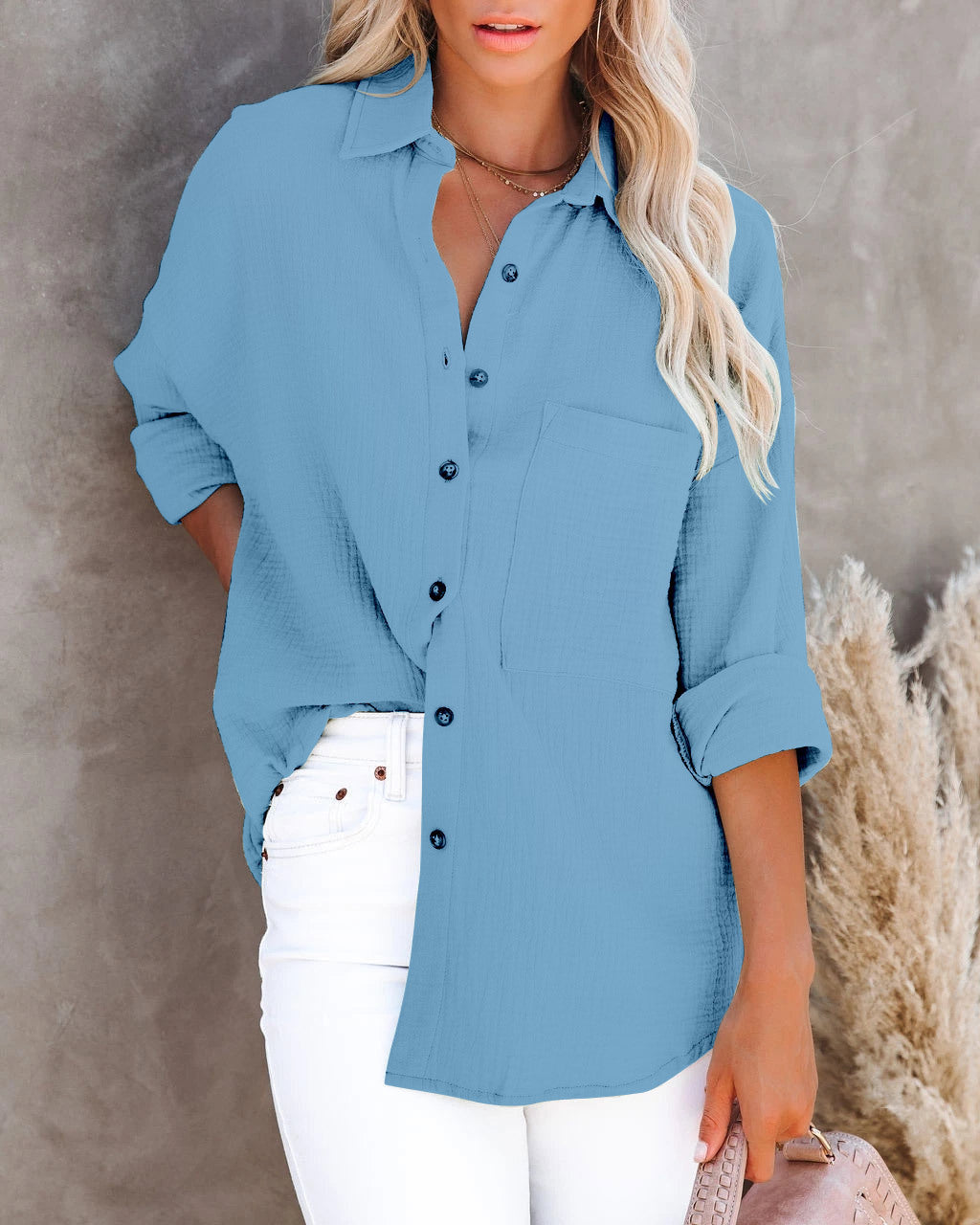 Simple Long Sleeve V Neck Button Ladies Cotton Linen Shirt Women's Clothing