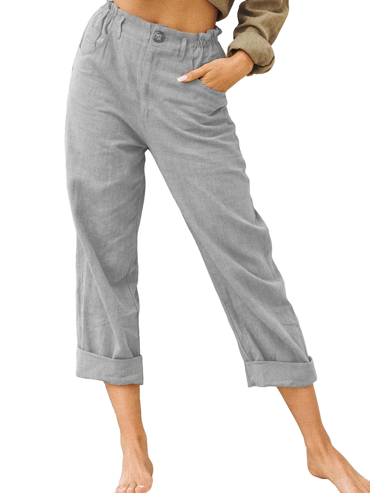 Patchwork Pant Women's Cotton Linen Pants Drawstring Back Elastic Waist Pants Loose Casual Trousers