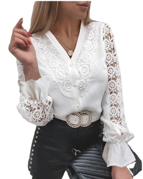 Fashion Lace Long Sleeve V Neck Button Shirt Women