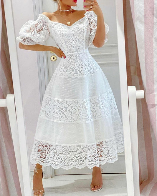 V Neck Lace Stitching Large Hem Long Skirt Puff Sleeve Temperament Dress