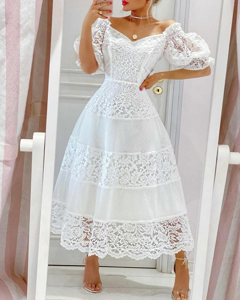 V Neck Lace Stitching Large Hem Long Skirt Puff Sleeve Temperament Dress