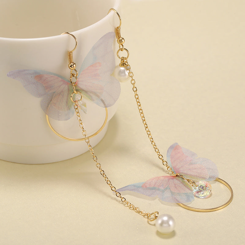 Hot Trendy Fairy Yarn Asymmetric Butterfly Long Earrings For Girl Ear Adornment Alloy Circle Rhinestone Pendient Jewerly