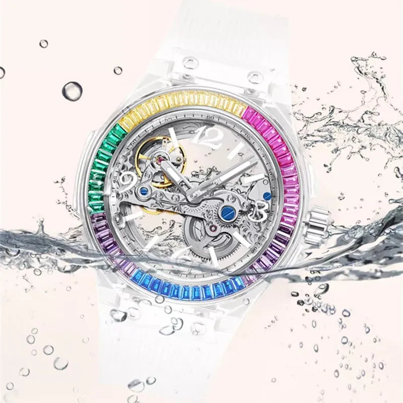 Luxury Mechanical Women Watch Transparent Case Skeleton Elegant Silicone Strap Waterproof Ladies Wristwatch Girls Dress Watch