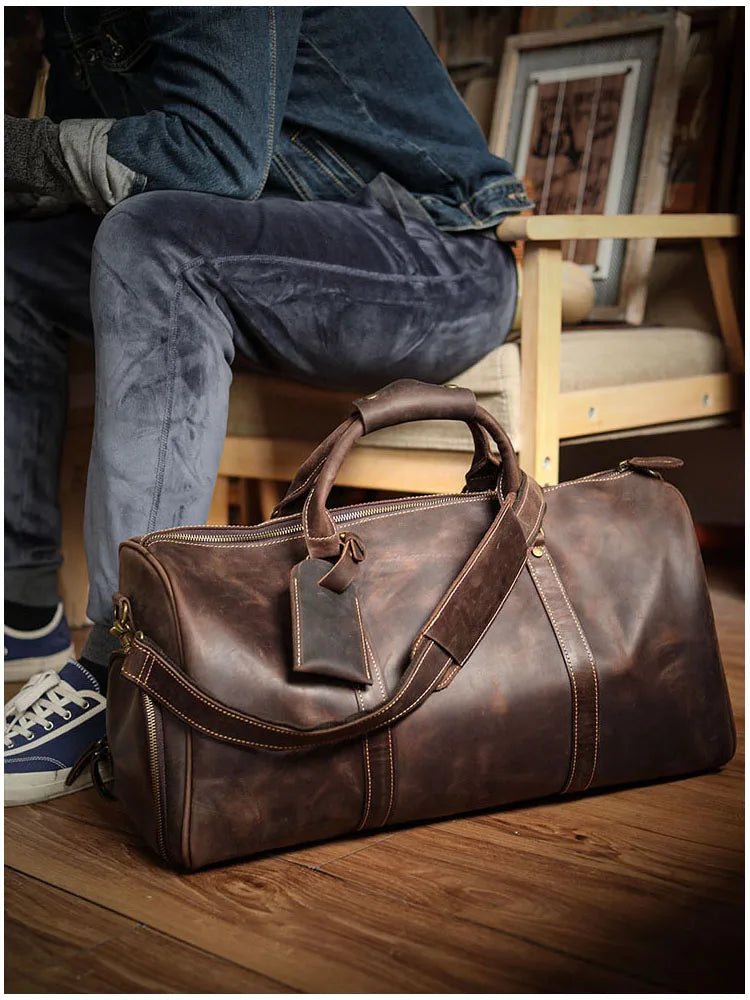 NASVA  Leather Men's Bags Vintage Travel  Duffle Bag Weekend Bag  Handbags  Messenger Bags Luggage Bag With Shoe Compartment