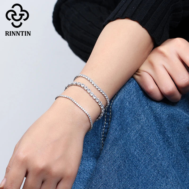 Rinntin 925 Sterling Silver Tennis Bracelet Women with 4mm Luxury Cubic Zirconia Bling Bracelet Men Hip Hop Jewerly Gift SB95