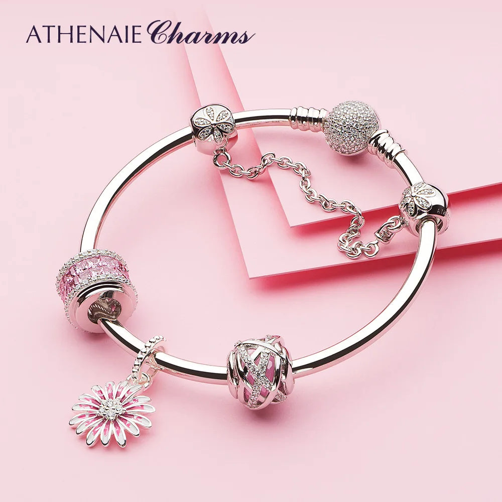 ATHENAIE 925 Sterling Silver Shine Pink Zircon Eternal Charms Beads Fit Bracelet DIY Jewerly Birthday Gift for Women