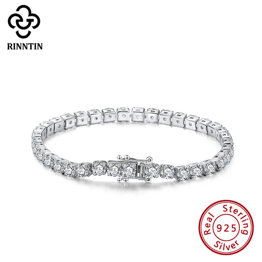 Rinntin 925 Sterling Silver Tennis Bracelet Women with 4mm Luxury Cubic Zirconia Bling Bracelet Men Hip Hop Jewerly Gift SB95