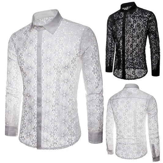 Men Sexy Long Sleeve Solid Color Lace See Through Clubwear Button Down Shirt soft and skin-friendly shirt