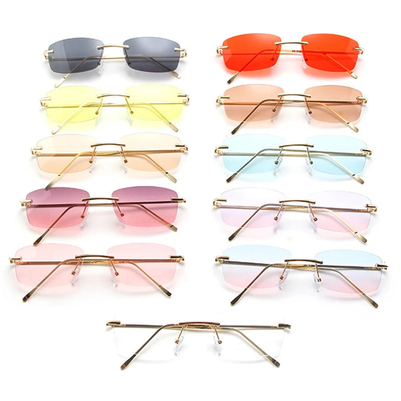 SO&EI Fashion Small Rectangle Rimless Sunglasses Women Vintage Clear Ocean Lens Eyewear Men Gradient Sun Glasses Shades UV400