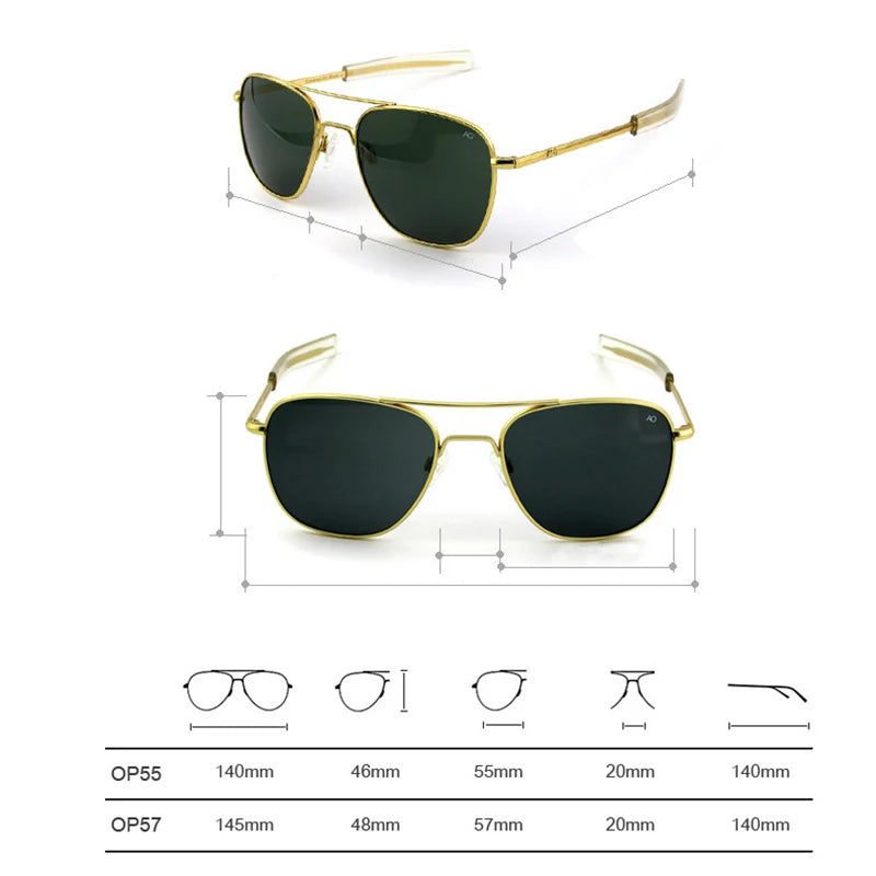 Top Quality American Army Military Pilot AO Sun Glasses Glass Lens Men Brand Designer Driving Sunglasses Male OP55 OP57