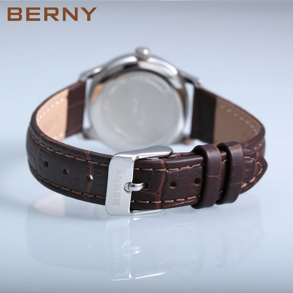 BERNY Quartz Women Watch Classic Retro Minimalist Ladies Wristwatch Simple Dial Leather Bracelet Clock 3ATM Waterproof Watch
