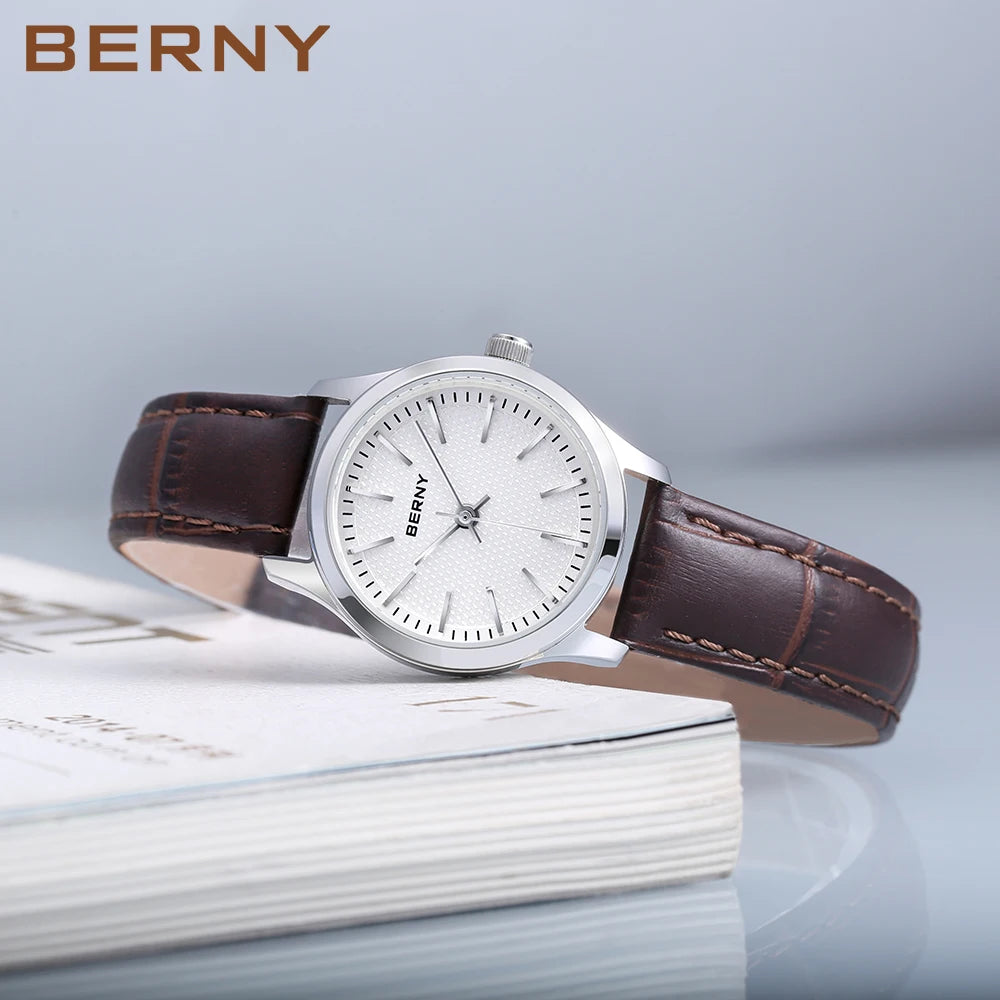 BERNY Quartz Women Watch Classic Retro Minimalist Ladies Wristwatch Simple Dial Leather Bracelet Clock 3ATM Waterproof Watch