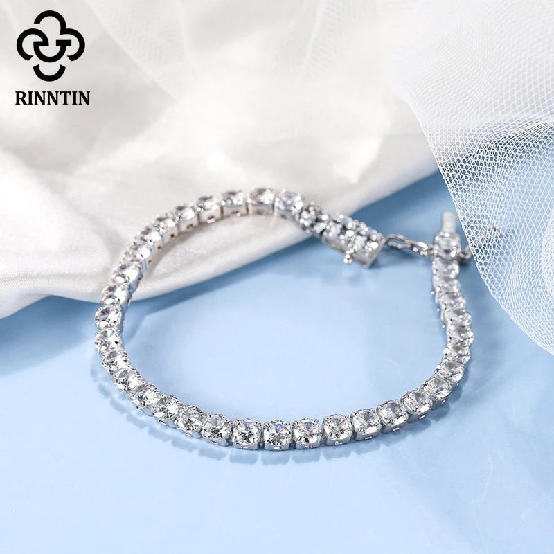 Rinntin 925 Sterling Silver Tennis Bracelet Women with 4mm Luxury Cubic Zirconia Bling Bracelet Men Hip Hop Jewerly Gift SB95