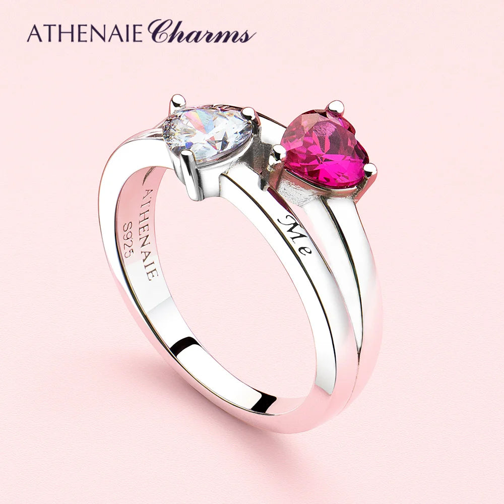 ATHENAIE 925 Sterling Silver Clear & Cerise Pink CZ Two Sparkling Hearts You and Me Rings for Women Wedding Finger Ring Jewerly