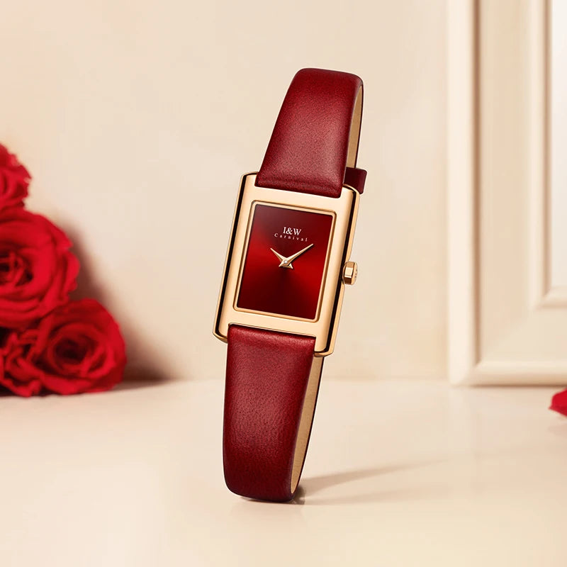 Luxury Gold Watches for Women I&W Fashion Quartz Wrist Watch Sapphire Leather Band Square Dial Women Watches Made in Switzerland