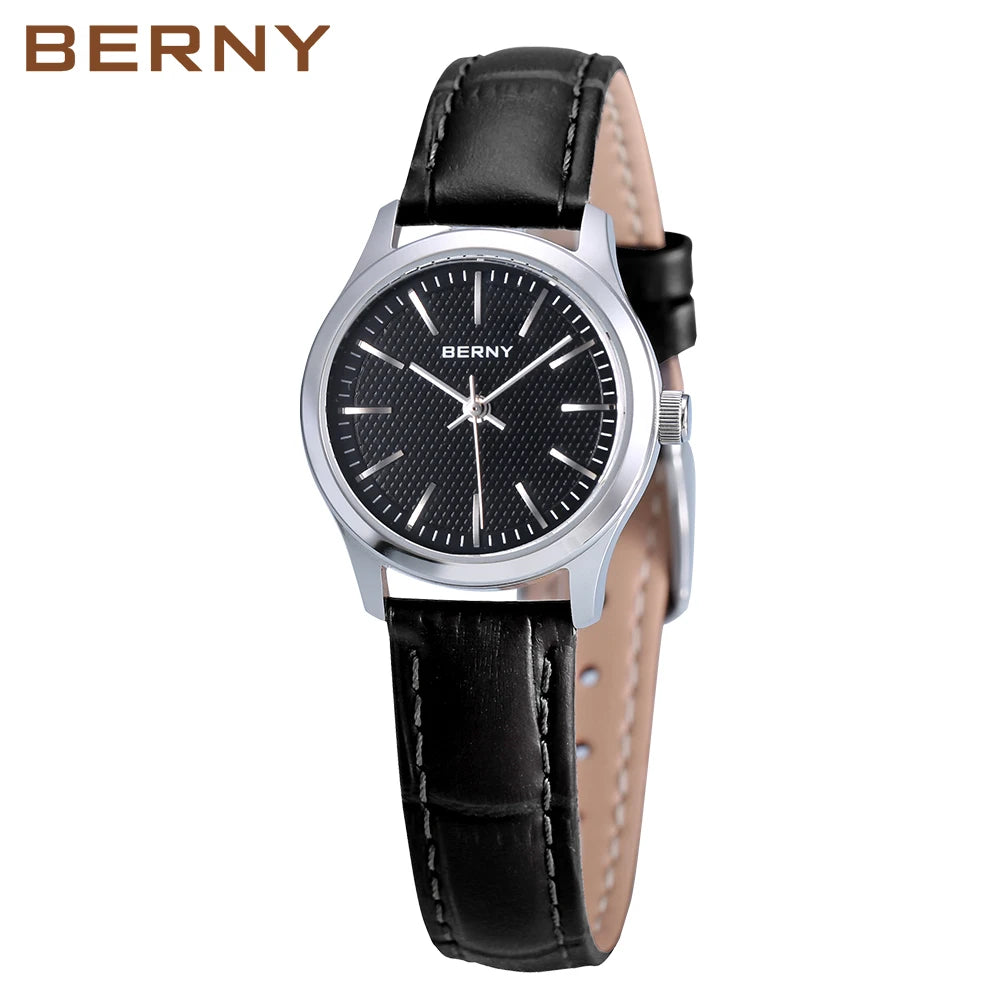 BERNY Quartz Women Watch Classic Retro Minimalist Ladies Wristwatch Simple Dial Leather Bracelet Clock 3ATM Waterproof Watch