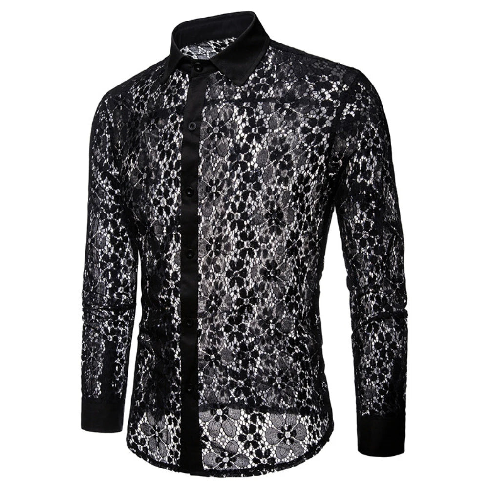 Men Sexy Long Sleeve Solid Color Lace See Through Clubwear Button Down Shirt soft and skin-friendly shirt