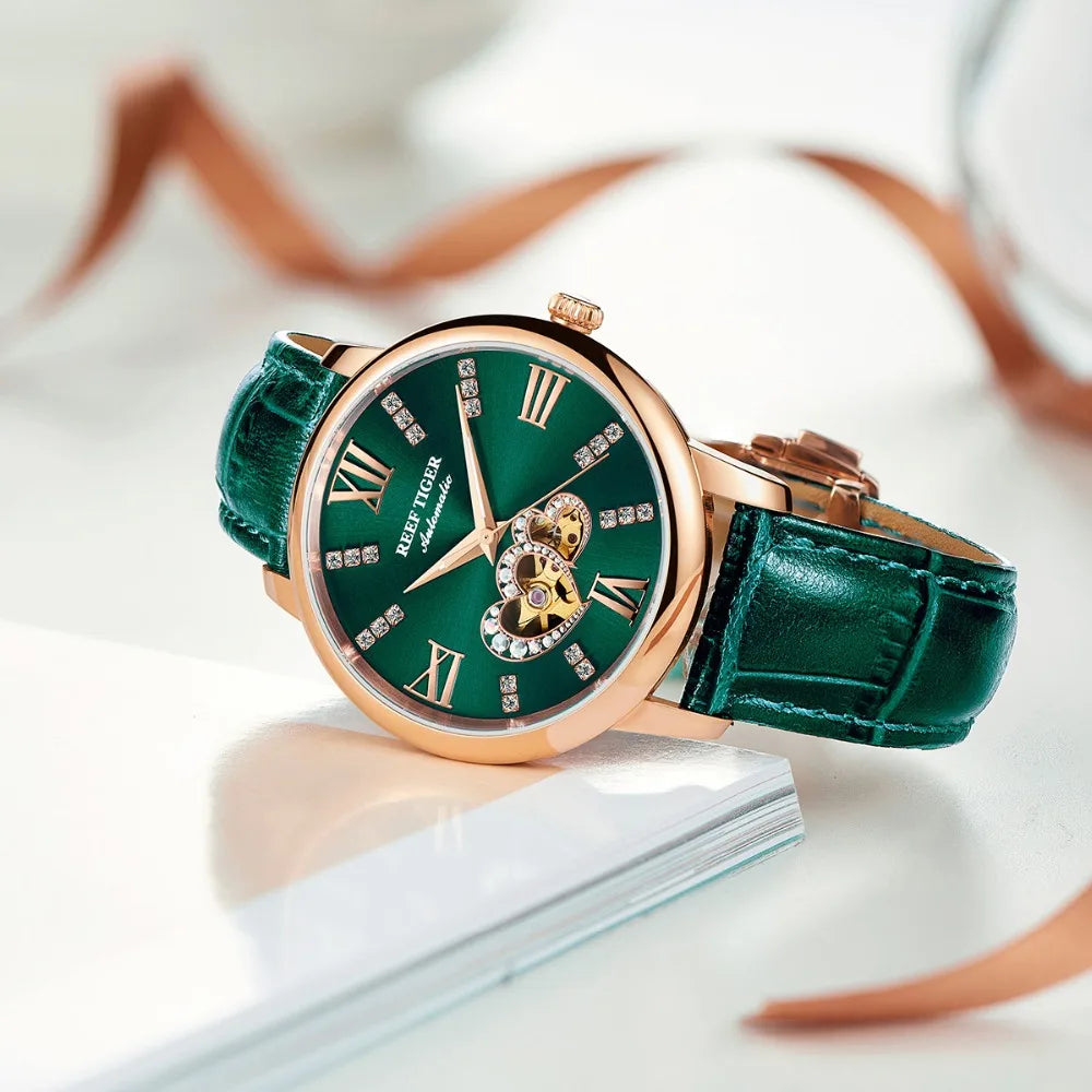 Reef Tiger/RT Luxury Fashion Lady Rose Gold Automatic Watch Leather Strap Design Clock Women Clock RGA1580