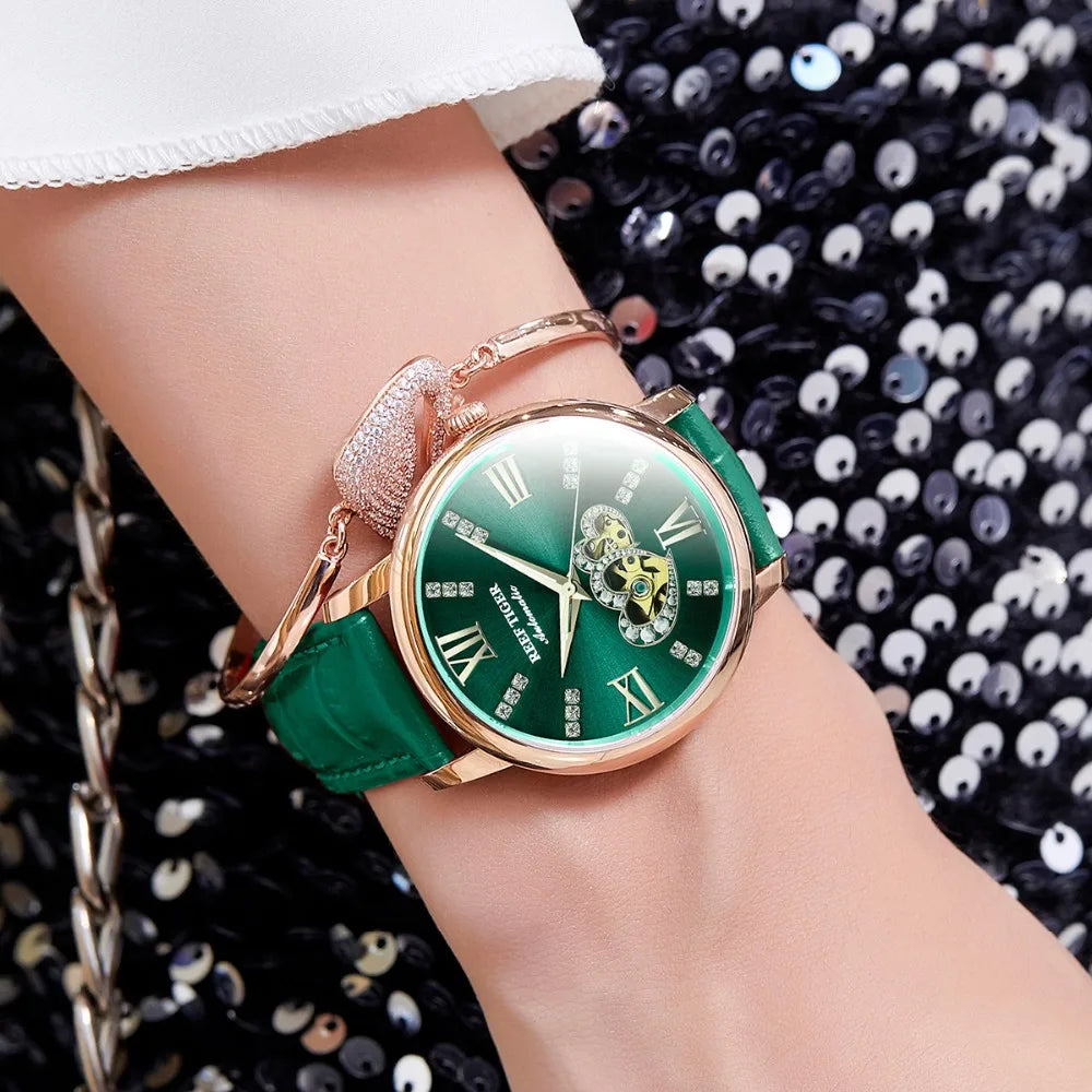 Reef Tiger/RT Luxury Fashion Lady Rose Gold Automatic Watch Leather Strap Design Clock Women Clock RGA1580
