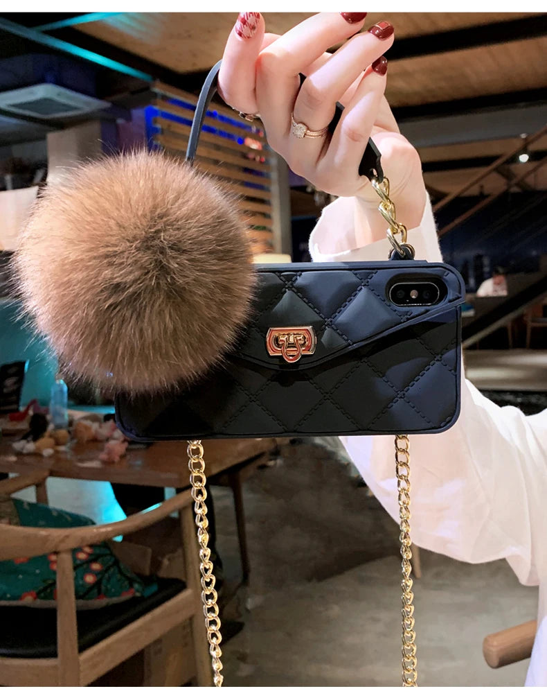 Luxurious Brand Portable with Fox Hairball long chain Phone Case For IPhone 12 mini 13 14 15 Pro Max 11 15 Pro X XR XS Max 7 8 P