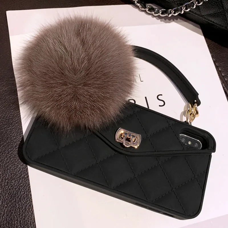 Luxurious Brand Portable with Fox Hairball long chain Phone Case For IPhone 12 mini 13 14 15 Pro Max 11 15 Pro X XR XS Max 7 8 P