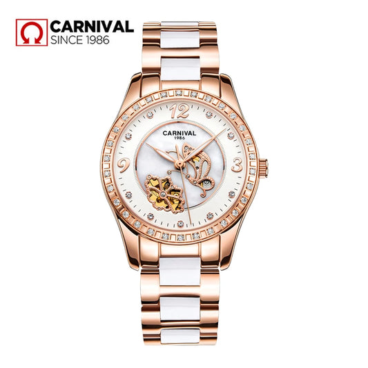 Carnival Brand Luxury Rose Gold Stainless Steel Ceramics Strap Mechanical Watches Women Fashion Diamond  Luminous Skeleton Watch