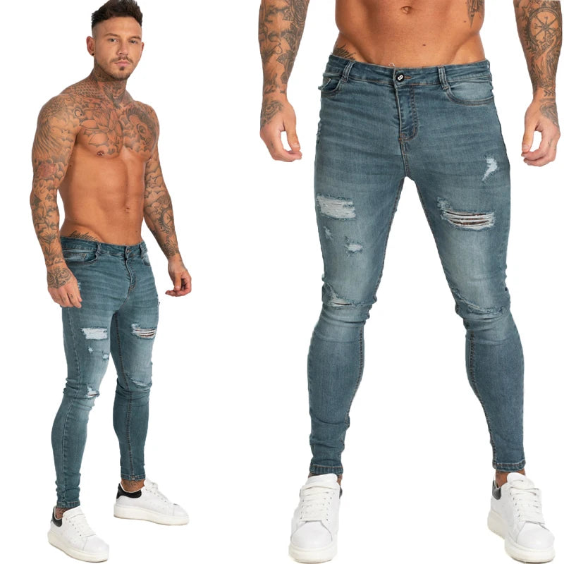 GINGTTO Jeans Men Elastic Waist Skinny Jeans Men 2020 Stretch Ripped Pants Streetwear Mens Denim Jeans Blue