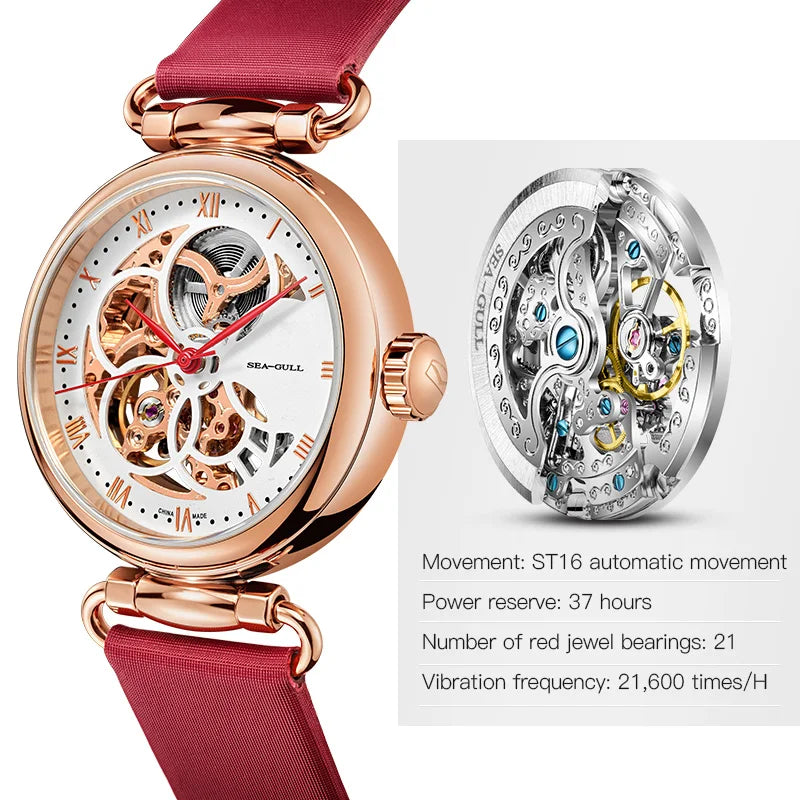 2022 Seagull Fashion Women's Watch Leather Strap Waterproof Automatic Full Hollow Mechanical For Women Watch 811.11.6002