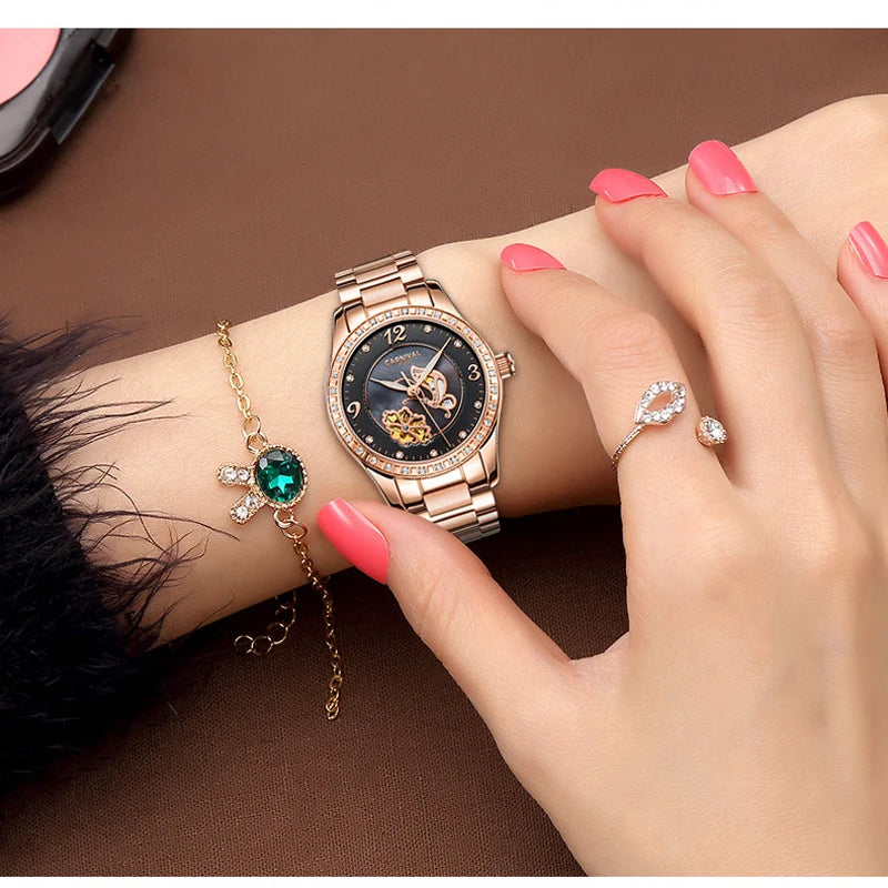 Carnival Brand Luxury Rose Gold Stainless Steel Ceramics Strap Mechanical Watches Women Fashion Diamond  Luminous Skeleton Watch