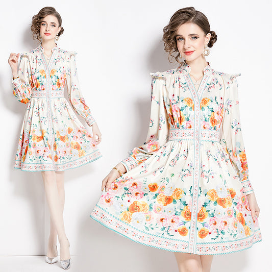 2024 Spring And Autumn Vintage Court Style V-neck Single Breasted Lantern Sleeve Short Dress