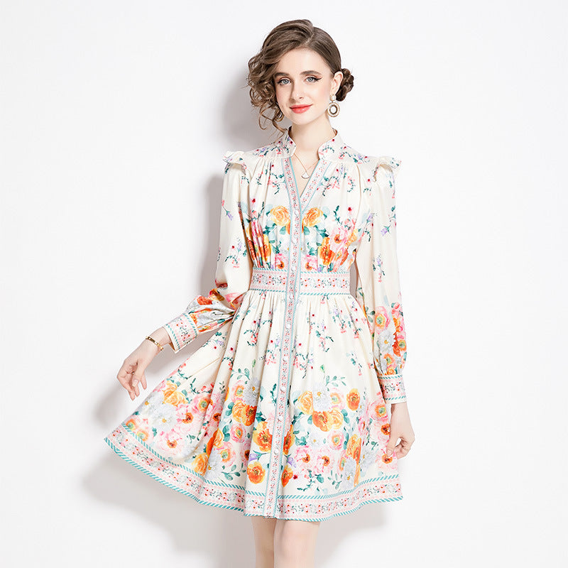 2024 Spring And Autumn Vintage Court Style V-neck Single Breasted Lantern Sleeve Short Dress