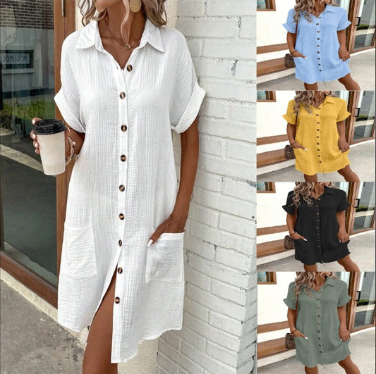 Summer Short Sleeve Shirt Dress Fashion Solid Color Single-breasted Mid-length Loose Dress