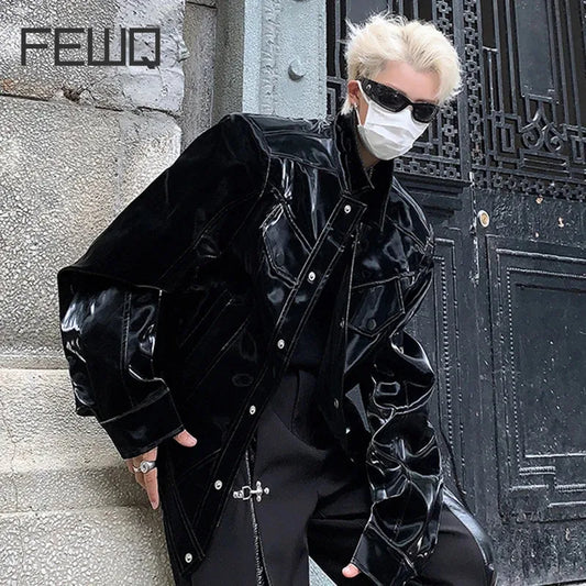 FEWQ Autumn Winter Men's Imitation PU Leather Glossy Liquid Metal Short Jacket 2023 Solid Color Long Sleeve Darkwear Top 24X2193