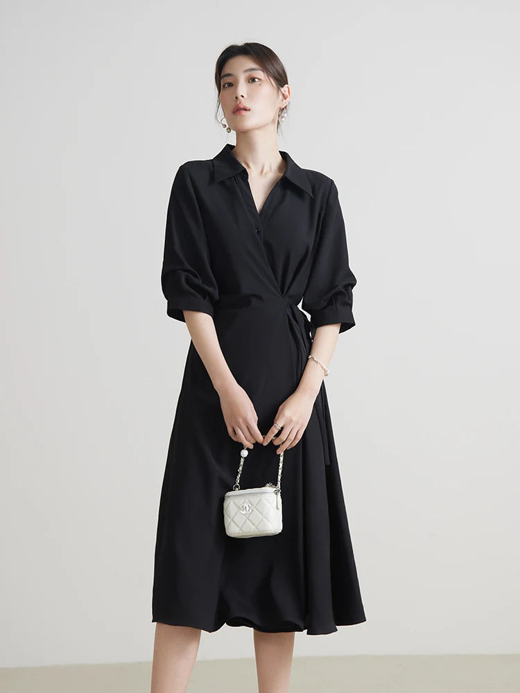 DUSHU 【2 Colors】Women Wrap Design Turn-down Collar Temperament Drape Dress Summer Half Sleeve Black Long A-LINE Dress 24DS82102
