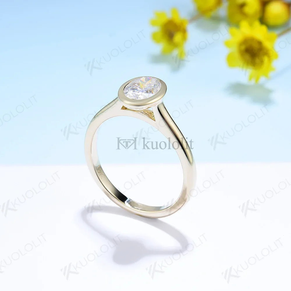Kuololit 1CT Oval Cut Moissanite Rings for Women Solid 18K 14K 10K Yellow Gold Diamond Rings Bezel Set for Anniversary Wedding