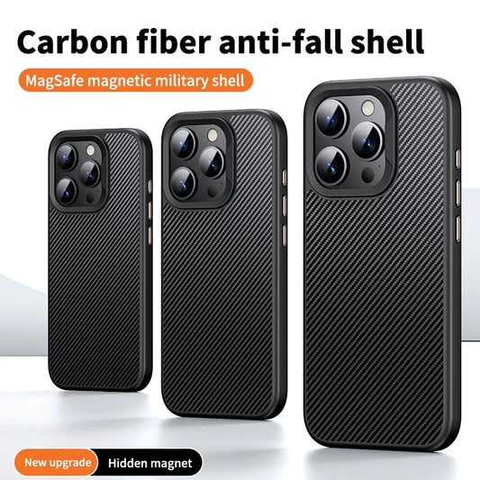 Carbon Fiber Magnetic Explosion-proof Phone Case For iPhone 12 13 14 15 Pro Max Plus Glass Lens Film Magsafe Wireless Charging
