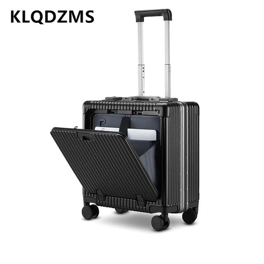 KLQDZMS Laptop Suitcase Front Opening Boarding Case 18 Inch Aluminum Frame Trolley Case Wheeled Travel Bag Cabin Luggage