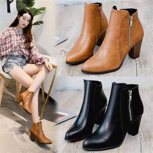 Women Ankle Boots Fashion PU leather Boots High heel 8cm Ladies shoes Side Zipper Short Boots for Women Shoes 2024