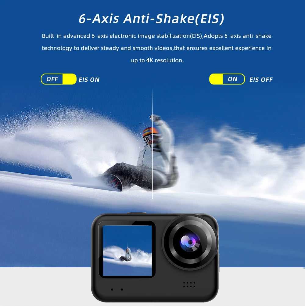 4K60FPS 20MP Action Camera 5M Body Waterproof EIS 170D Go Sports Pro Video Recording Dual Display 2" Touch Screen 1080P Webcam