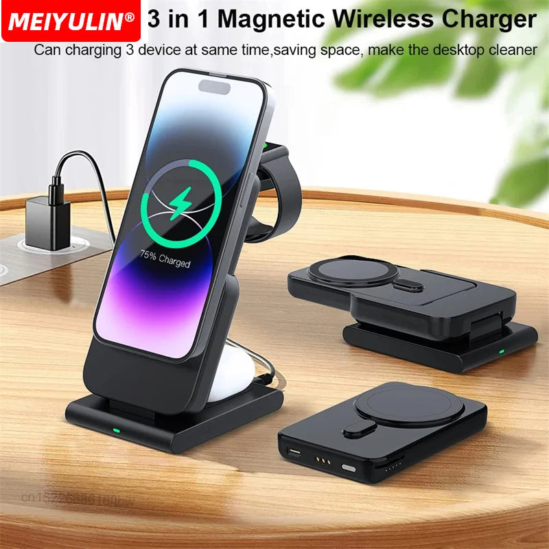 3 in 1 Magnetic Power Bank Wireless Fast Charger Stand 5000mAh Auxiliary External Battery for iPhone 15 14 13 Series Apple Watch