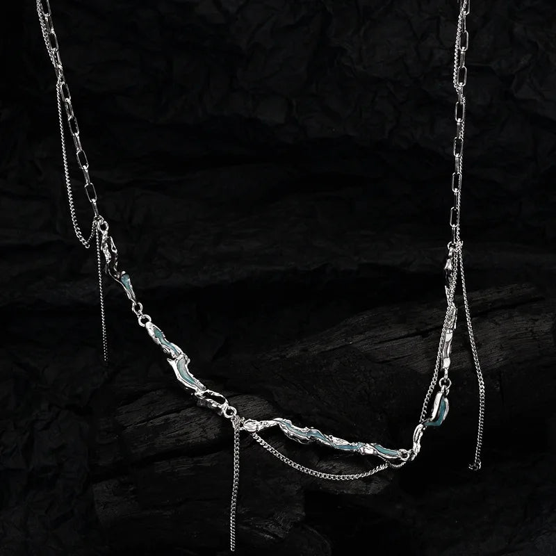 F.I.N.S Ice Lake Series S925 Sterling Silver Irregular Mint Blue Enamel Chain Tassel Clavicle Chain Texture Multi-layer Necklace