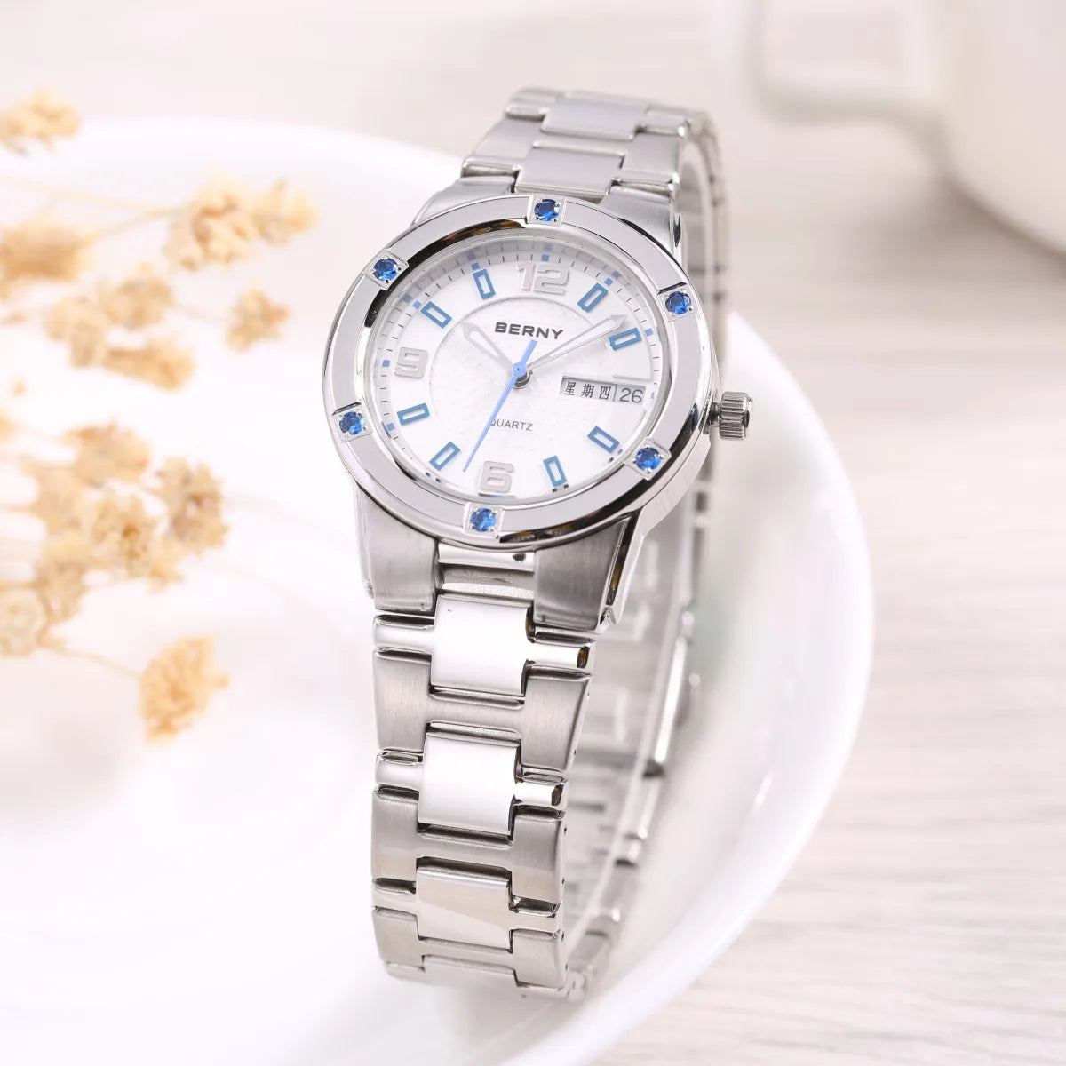 BERNY Women's Watches Luminous Date Week Calendar Stainless Steel Quartz Women WristWatches Clock Waterproof Casual Ladies Watch