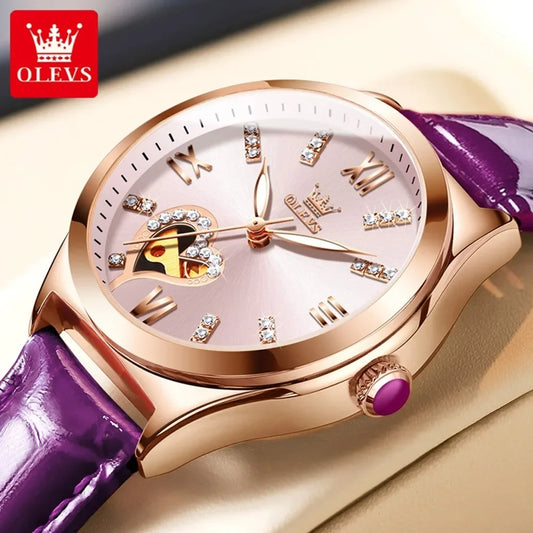 OLEVS 6636 Automatic Mechanical Women Wristwatches Genuine Leather Strap Waterproof Fashion Watch For Women