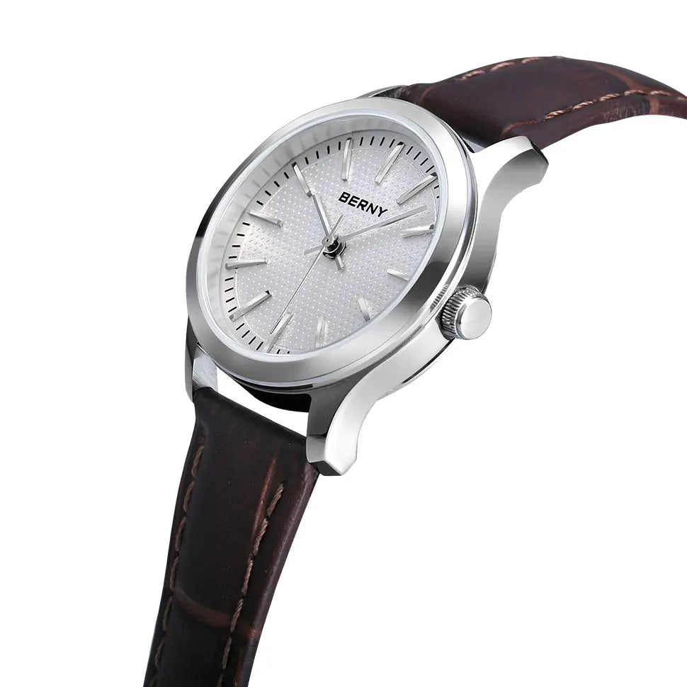 BERNY Quartz Women Watch Classic Retro Minimalist Ladies Wristwatch Simple Dial Leather Bracelet Clock 3ATM Waterproof Watch