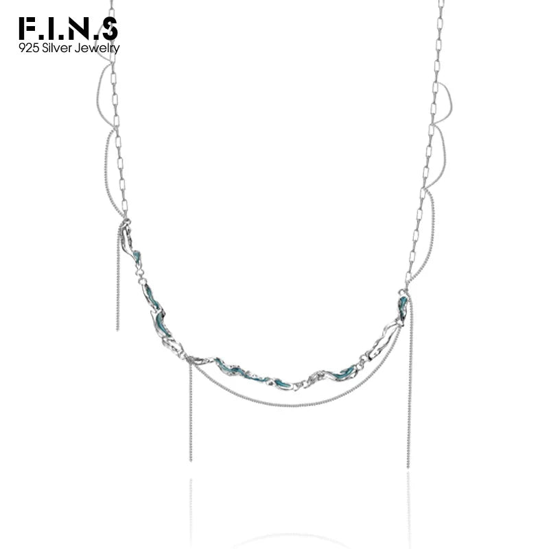 F.I.N.S Ice Lake Series S925 Sterling Silver Irregular Mint Blue Enamel Chain Tassel Clavicle Chain Texture Multi-layer Necklace