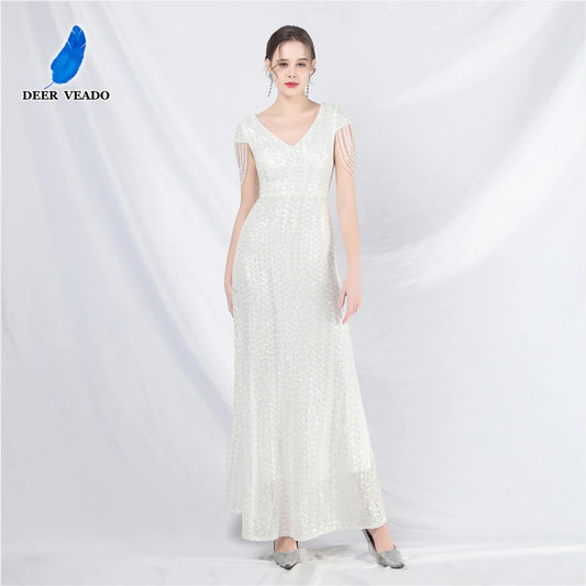 DEERVEADO Elegant A Line V Neck Sequins Evening Dress with Beads Women's Chic Formal Occasion Dress Gala Party Maxi Dresses