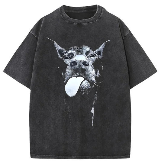 Men Gothic Letter Dog Printed T-Shirt Hip Hop Streetwear Punk Summer Vintage Washed Oversized T Shirts Tops men clothing