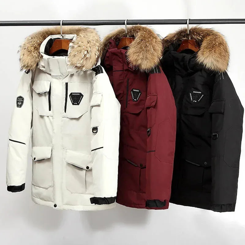 Winter Down Jacket Men 90% White Duck Down Parkas Coat Mid-length Fur Collar Male Thicken Snow Overcoat -30 Degree Keep Warm