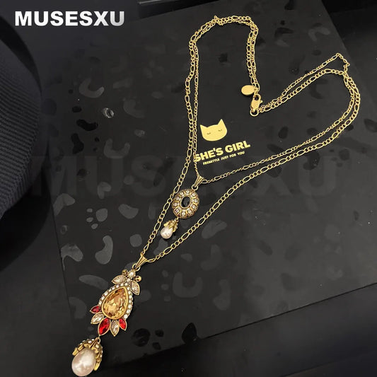 Jewelry & Accessories Vintage Luxury Style Golden Zircon Droplet Pendant Double Layer Necklace For Women's Party Wedding Gifts