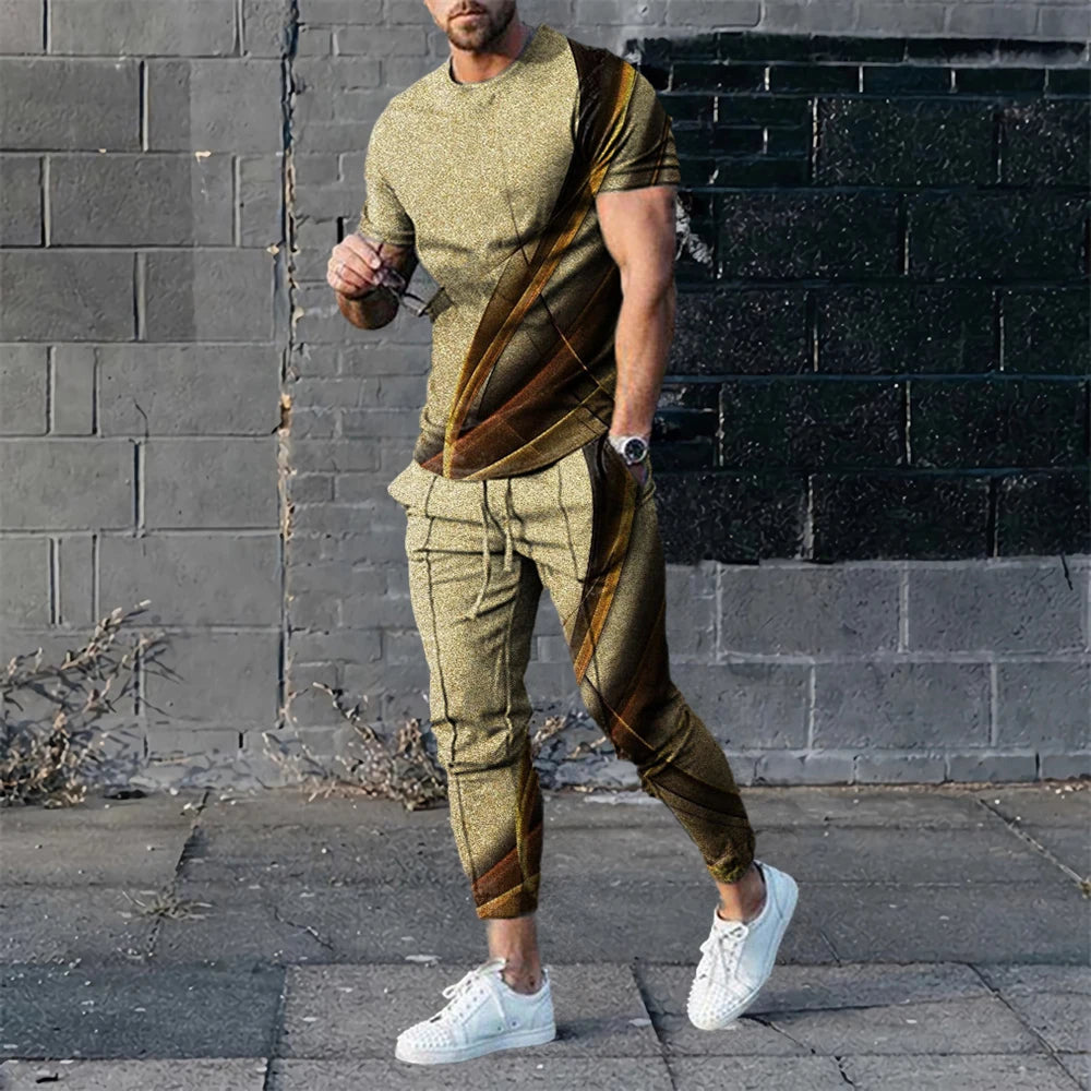 2 Piece Set Outfits Men's Trousers Tracksuit Lattice 3D Printed Jogger Sportswear Short Sleeve T Shirt+Long Pants Street Clothes